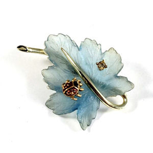 Vintage Blue Leaf Pin Brooch with Ladybug and Dewdrop